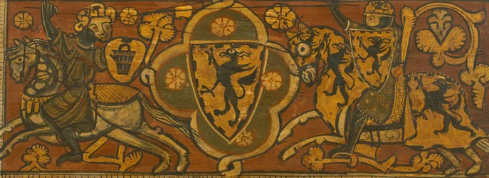 Painel de teto com uma luta entre um cavaleiro cristão e um muçulmano